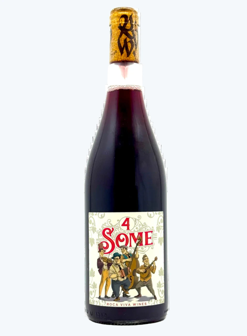 Wine bottle labeled '4 Some' with a cork on a white background