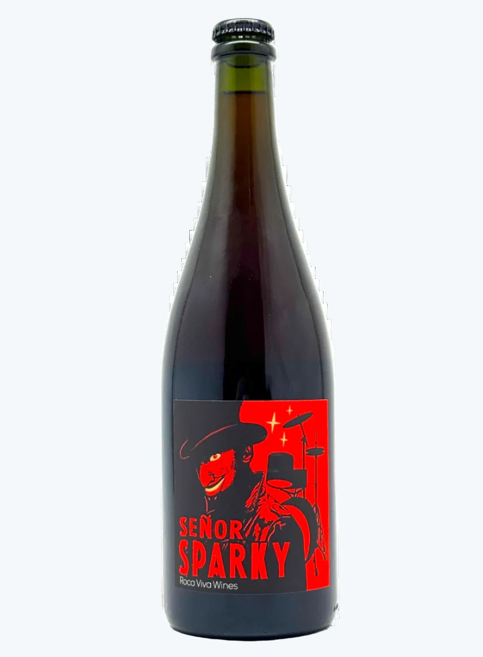 Bottle of Senor Sparky wine with a red label on a white background